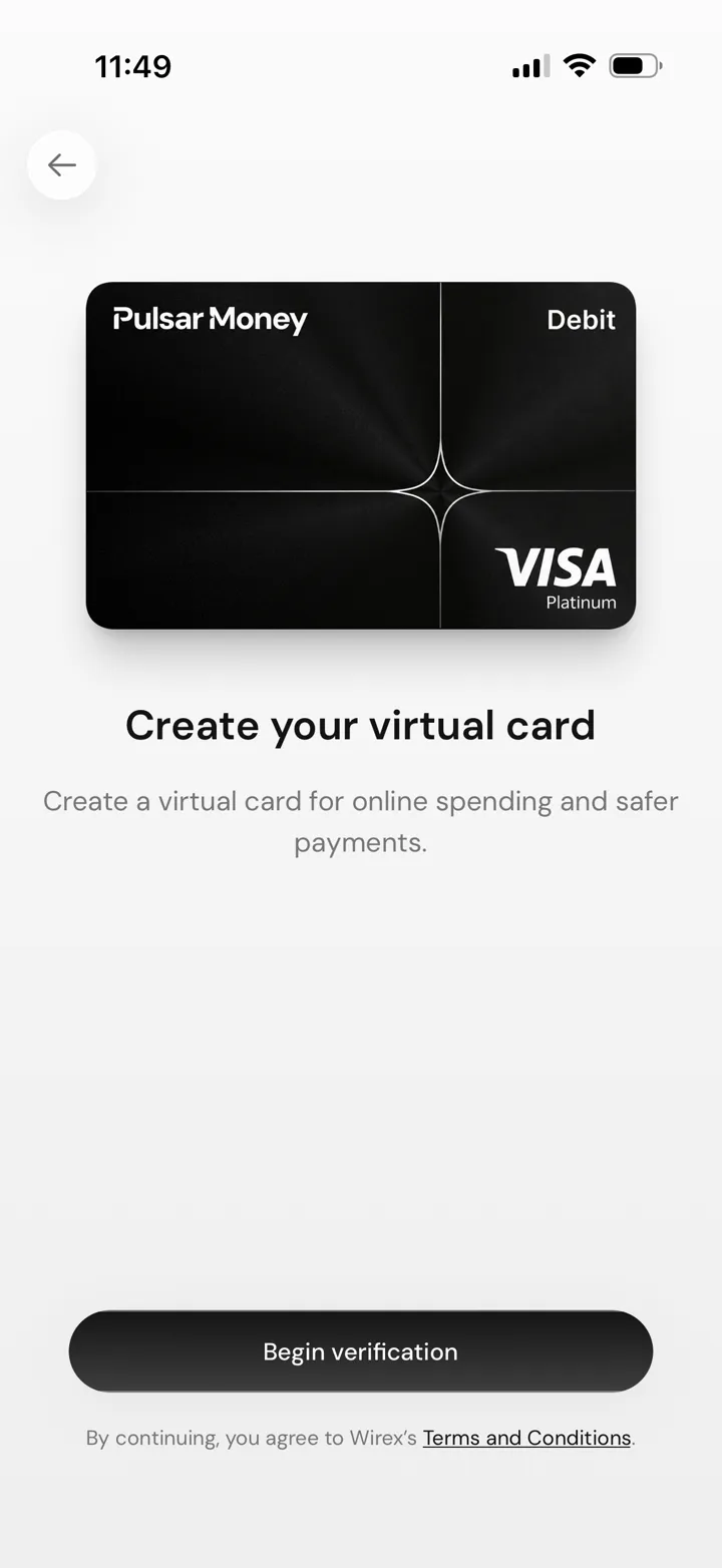 Pulsar Money Visa Platinum card verification screen referring to Wirex terms and conditions