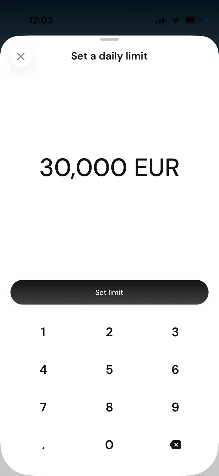 Pulsar Money daily card limit screen showing a maximum of thirty thousand euros