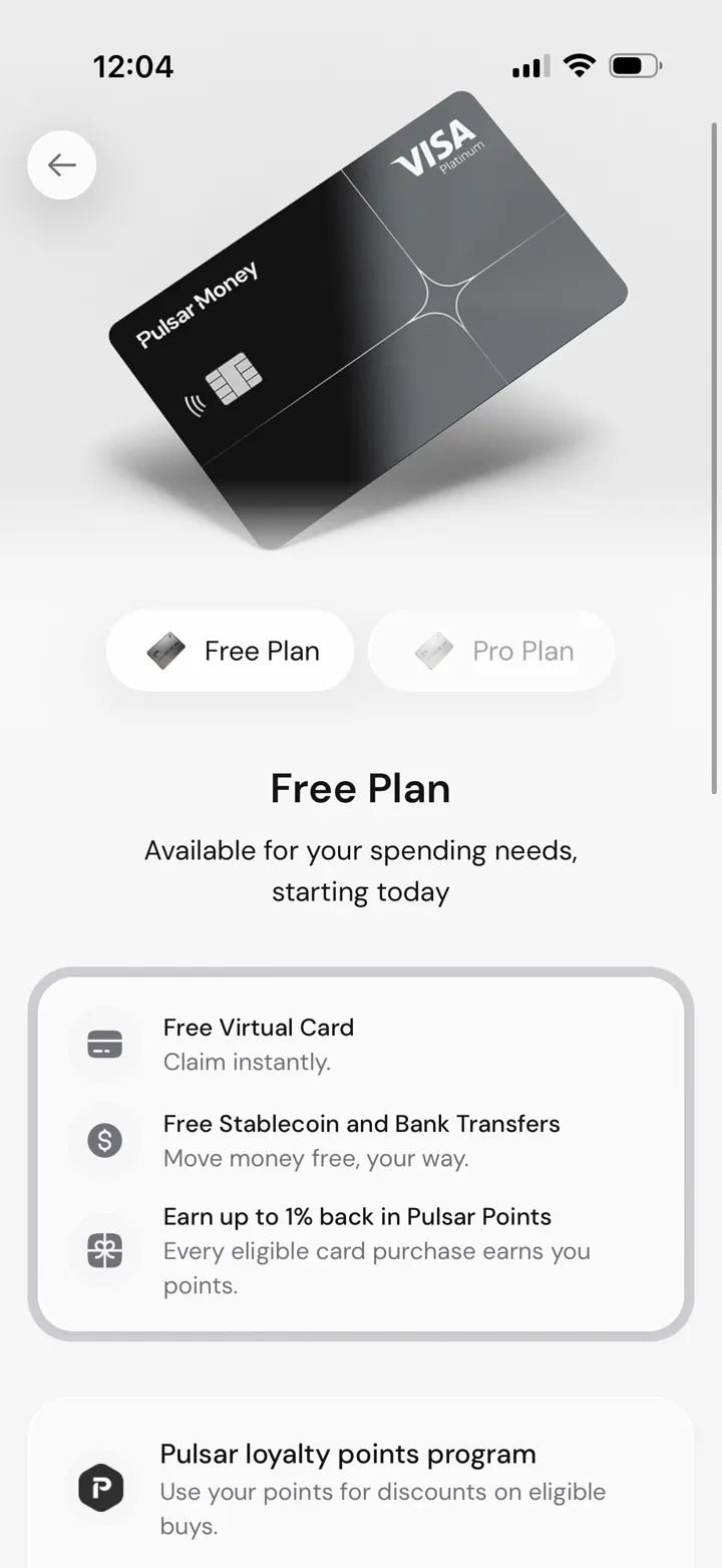 Pulsar Money Free Plan screen showing a free virtual card, transfers, and up to one percent back in points