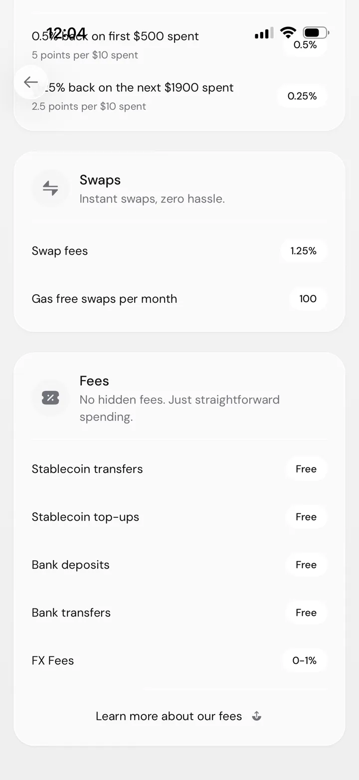 Pulsar Free Plan fee screen showing stablecoin and bank transfers, swap fees, and zero to one percent FX