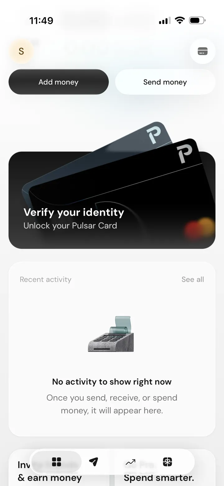 Pulsar Money home screen prompting the user to verify identity and unlock the card
