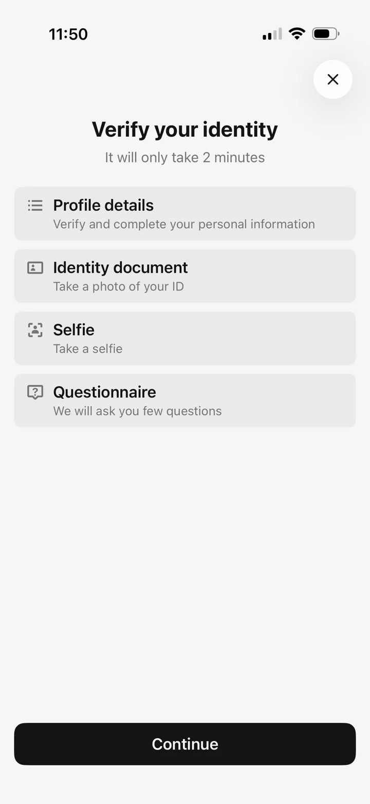 Pulsar Money identity verification flow listing profile details, identity document, selfie, and questionnaire