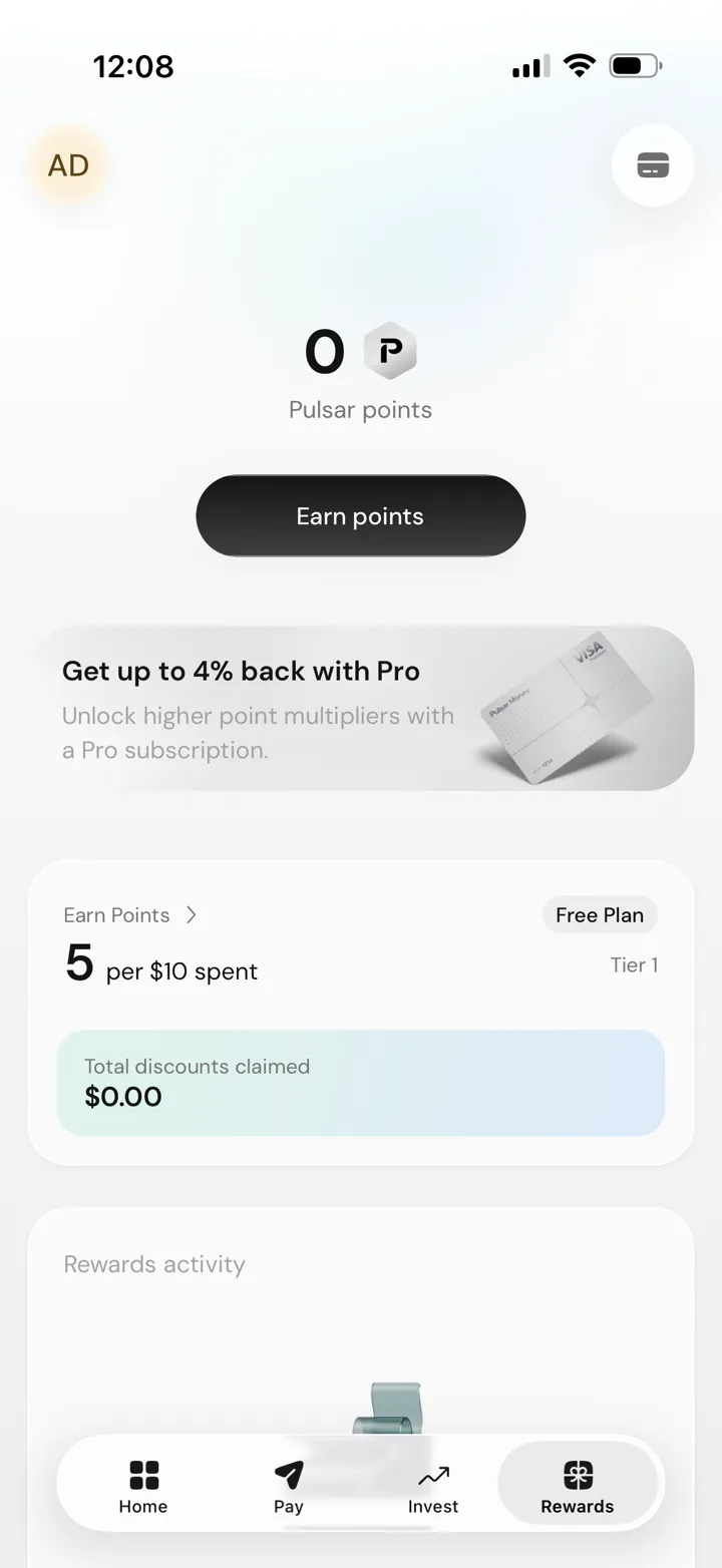 Pulsar Points dashboard showing points earned per ten dollars and purchase refund redemptions