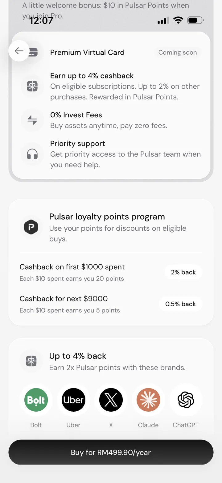 Pulsar Money Pro rewards screen showing up to four percent back and selected double-points merchants
