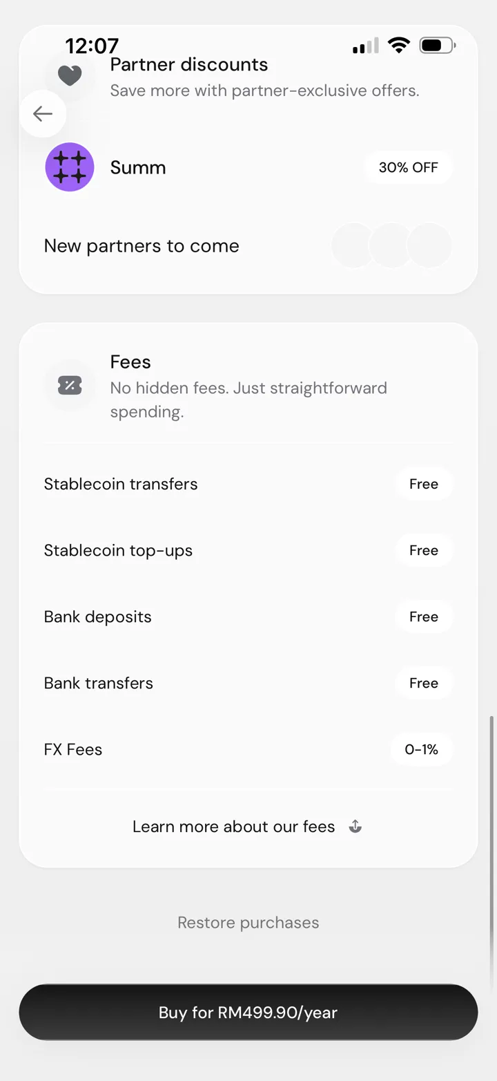 Pulsar Pro fees screen showing stablecoin and bank transfers, swaps, and zero to one percent FX