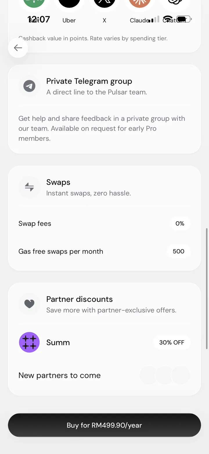 Pulsar Pro perks showing gas-free swaps, zero Invest fees, partner discounts, priority support, and a private Telegram group