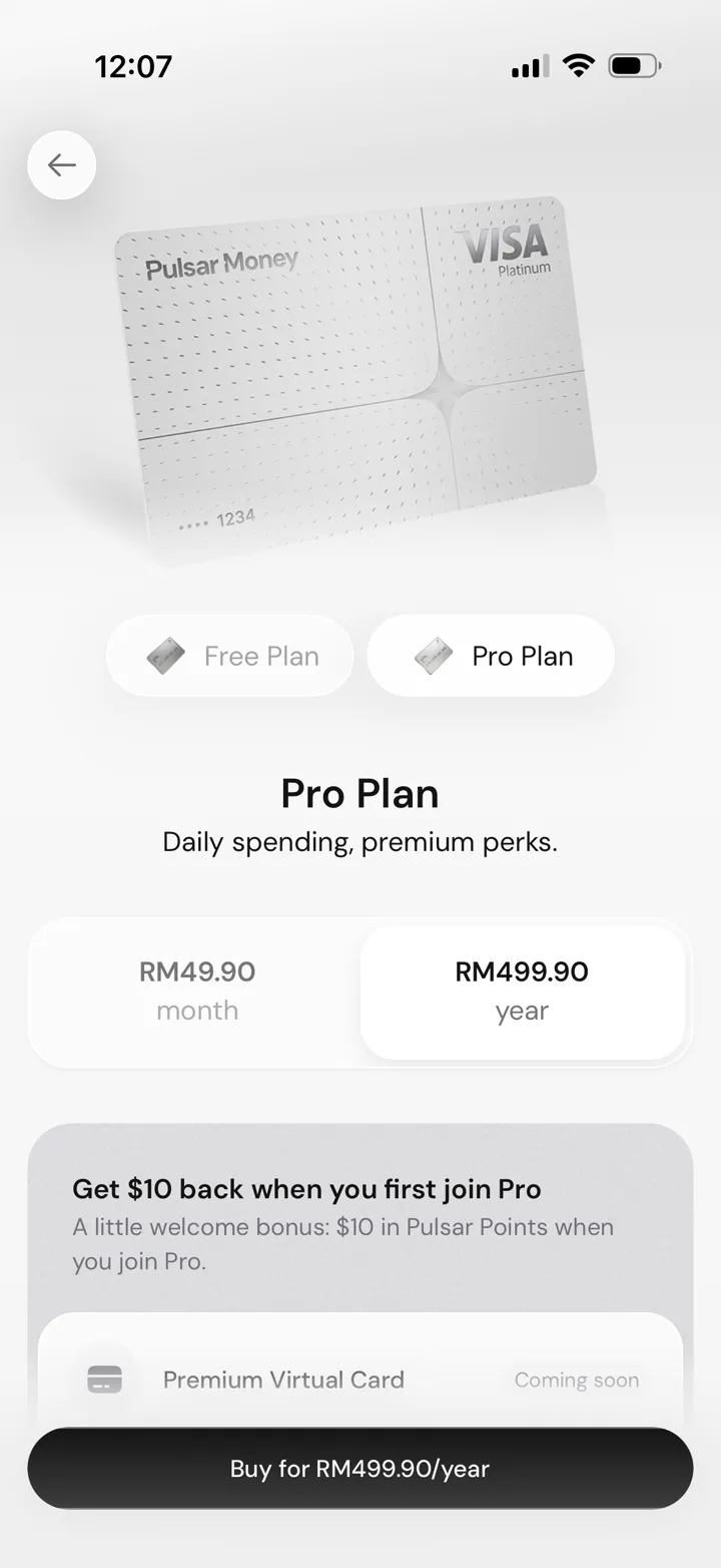 Pulsar Money Pro Plan screen showing monthly and annual Malaysian pricing, a ten dollar points reward, and the future Premium Virtual Card