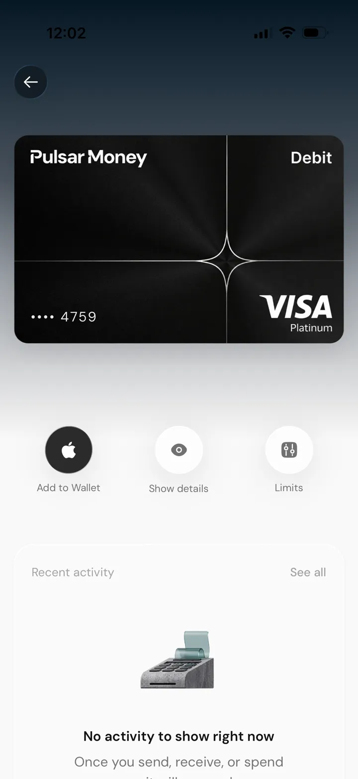 Issued Pulsar Money virtual Visa Platinum with Apple Wallet, card details, and limit controls