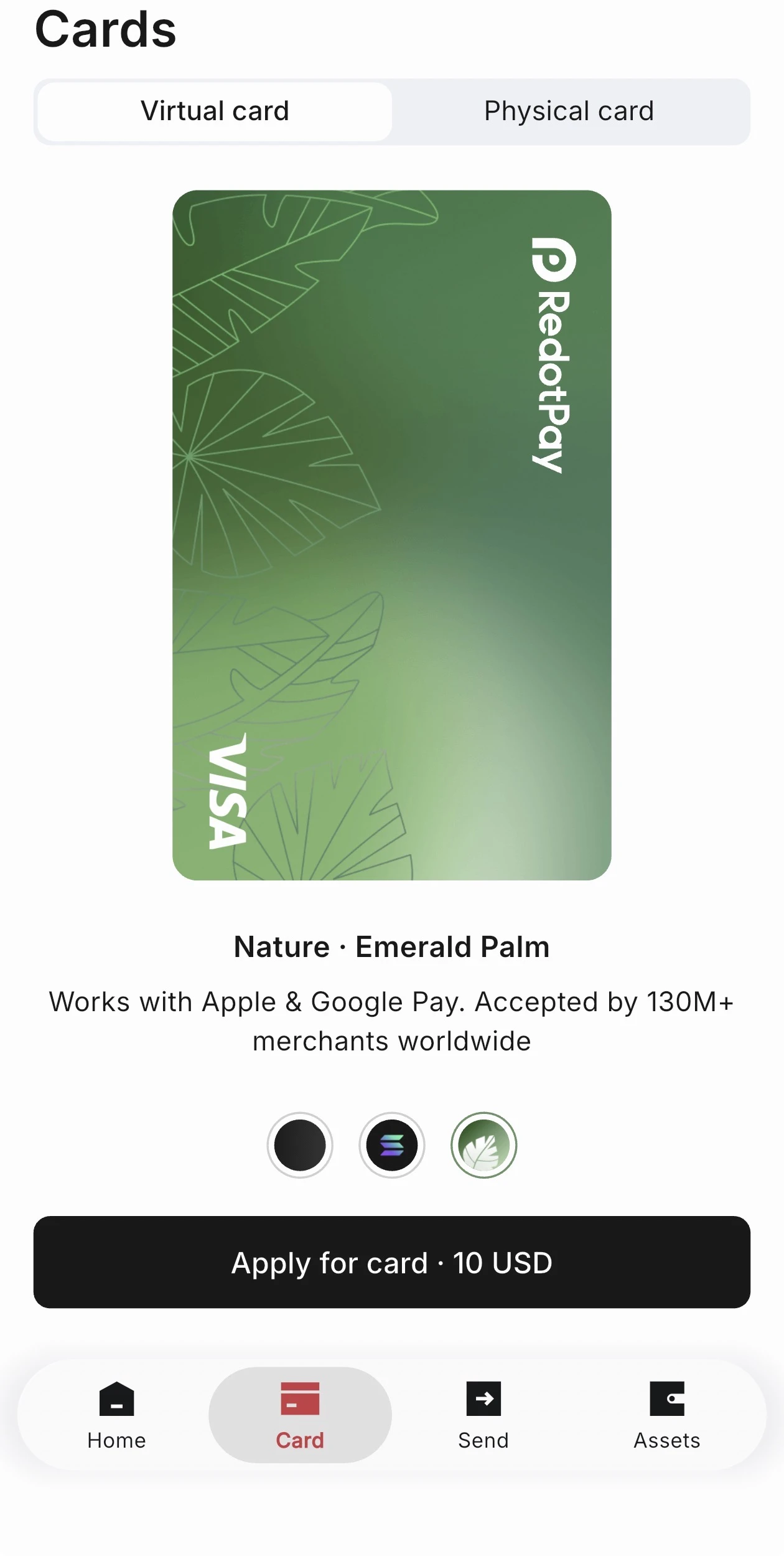 RedotPay Emerald Palm virtual card design