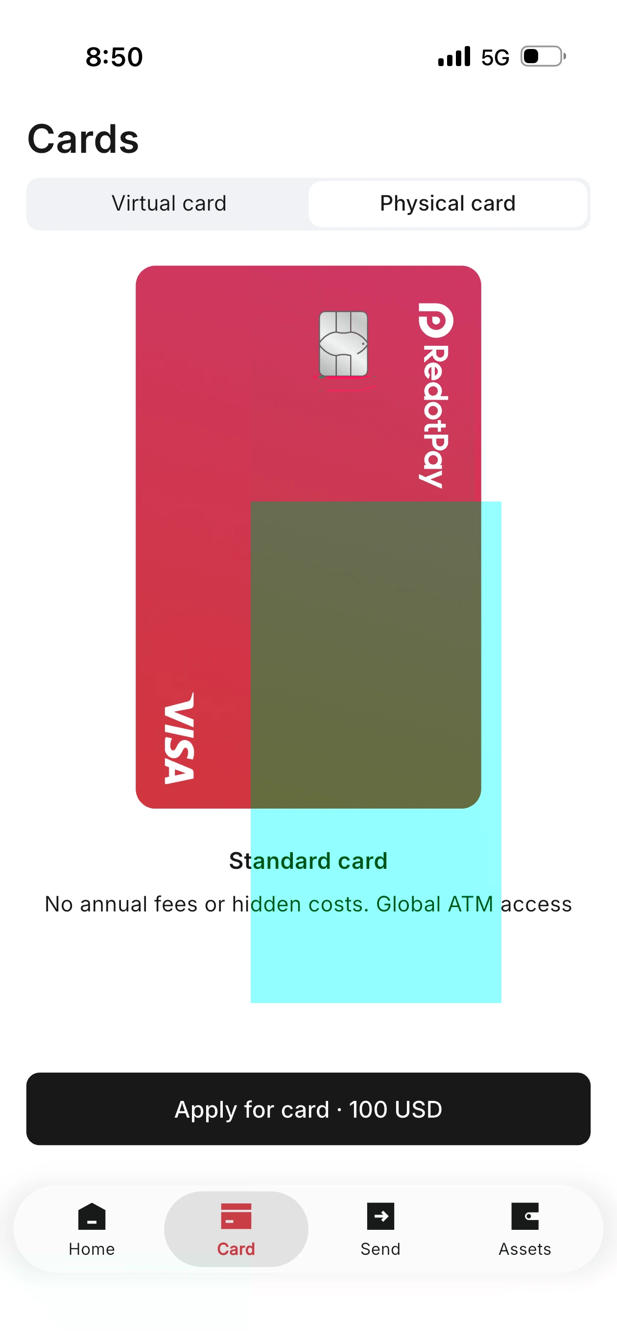 RedotPay Physical card showing red Visa design with chip