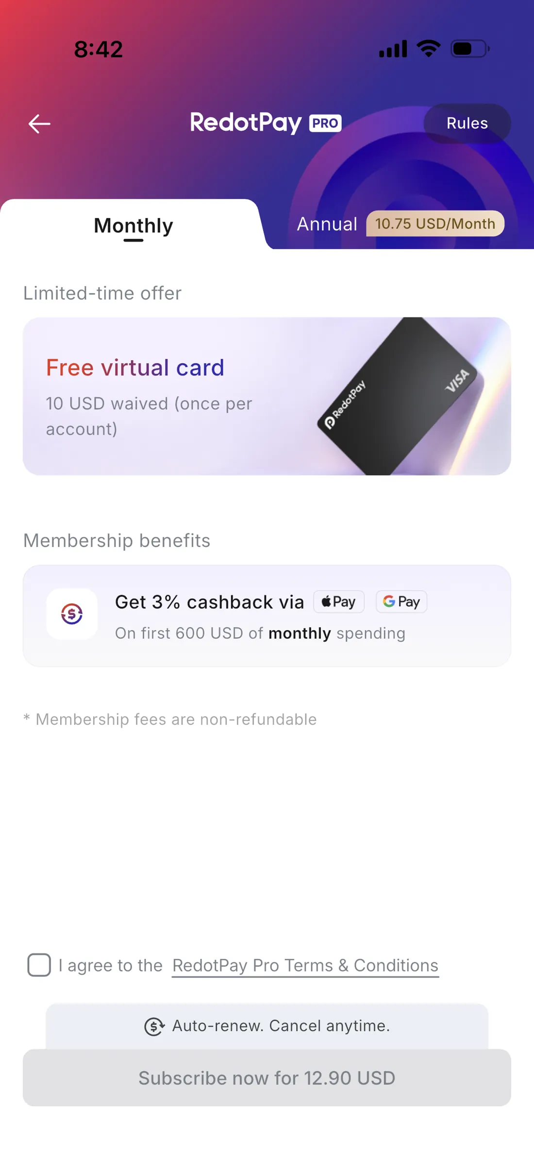 RedotPay PRO membership screen with a Limited-time offer free virtual card, a Membership benefits section showing 3 percent cashback via Apple Pay and Google Pay on the first 600 USD of monthly spending, a note that membership fees are non-refundable, and a Subscribe now for 12.90 USD button