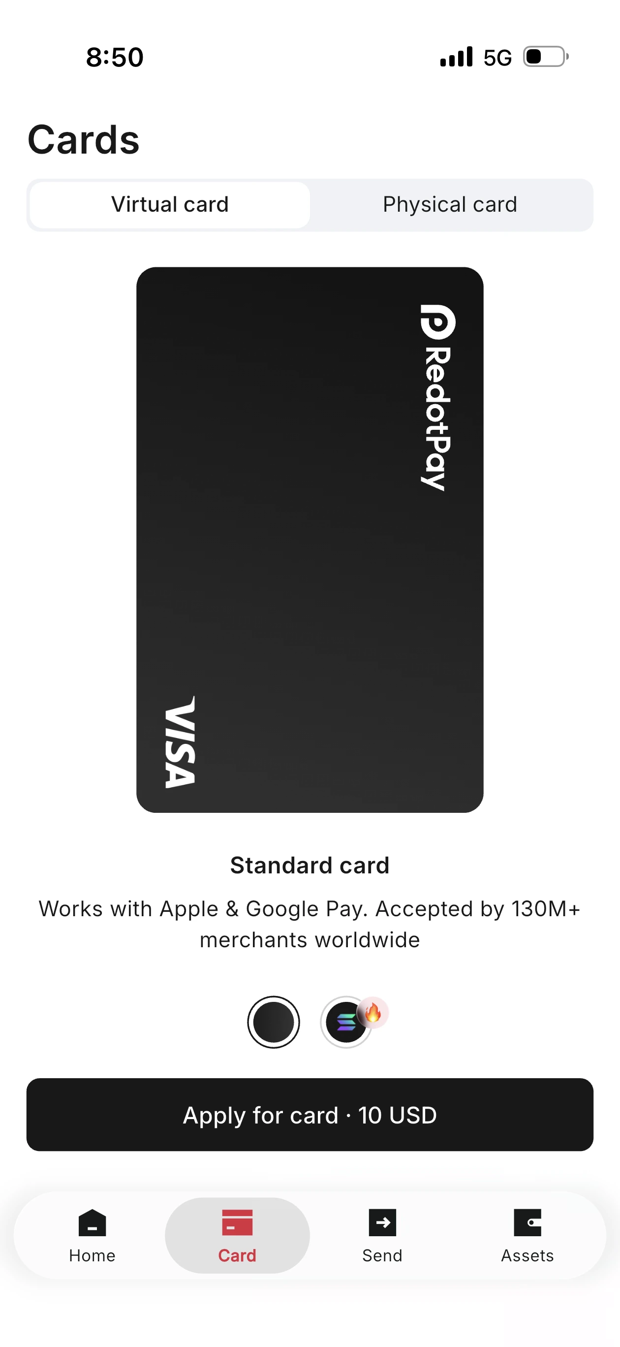 RedotPay Standard virtual card in the app showing black Visa card design