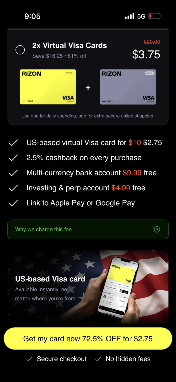 Rizon checkout screen listing the US-based virtual Visa card, 2.5% cashback claim, free multi-currency bank account, investing account, and Apple Pay and Google Pay linking