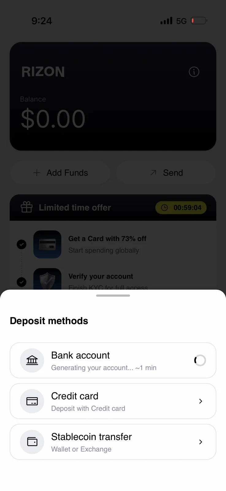 Rizon deposit methods sheet showing bank account generation, credit card deposit, and stablecoin transfer from a wallet or exchange