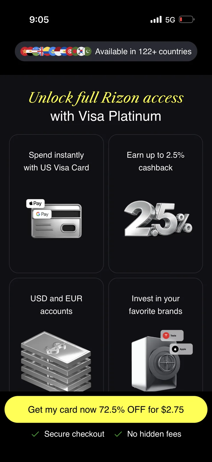 Rizon onboarding screen showing US Visa card spending, up to 2.5% cashback, USD and EUR accounts, and brand investing tiles