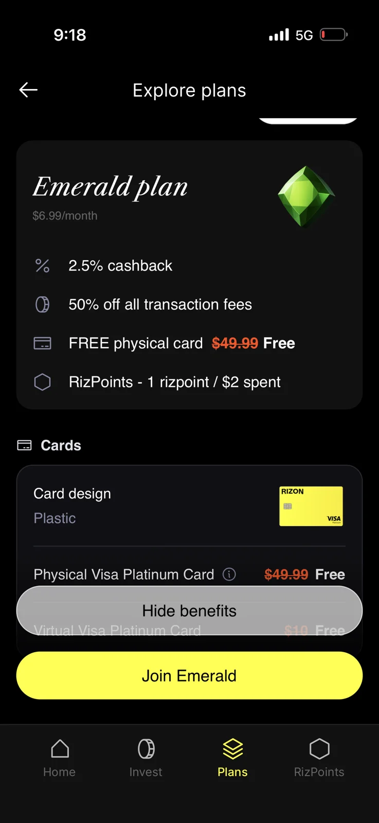 Rizon Emerald plan screen showing $6.99 per month, 2.5% cashback, 50% off transaction fees, free physical card, and 1 RizPoint per $2 spent