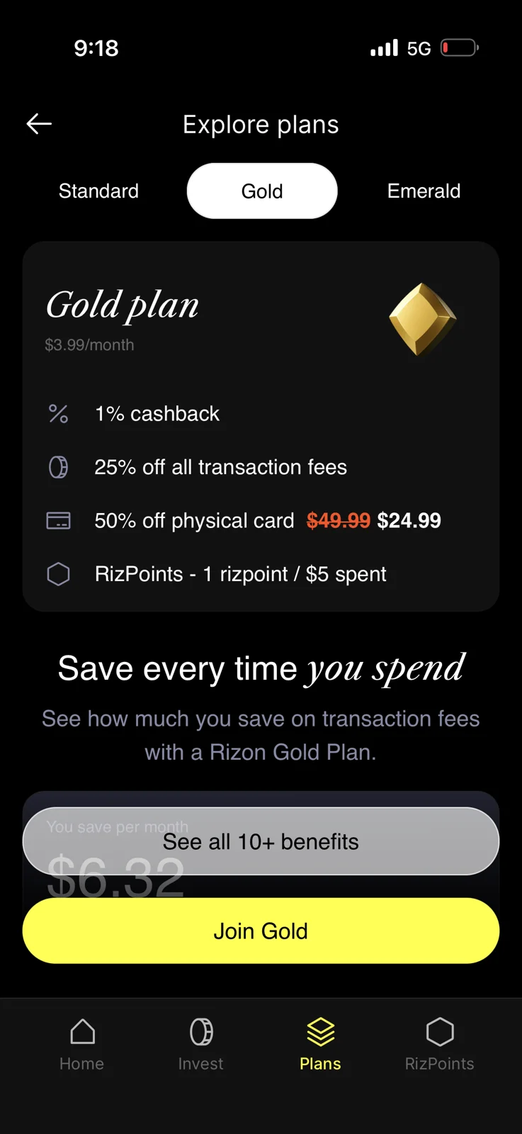 Rizon Gold plan screen showing $3.99 per month, 1% cashback, 25% off transaction fees, $24.99 physical card, and 1 RizPoint per $5 spent