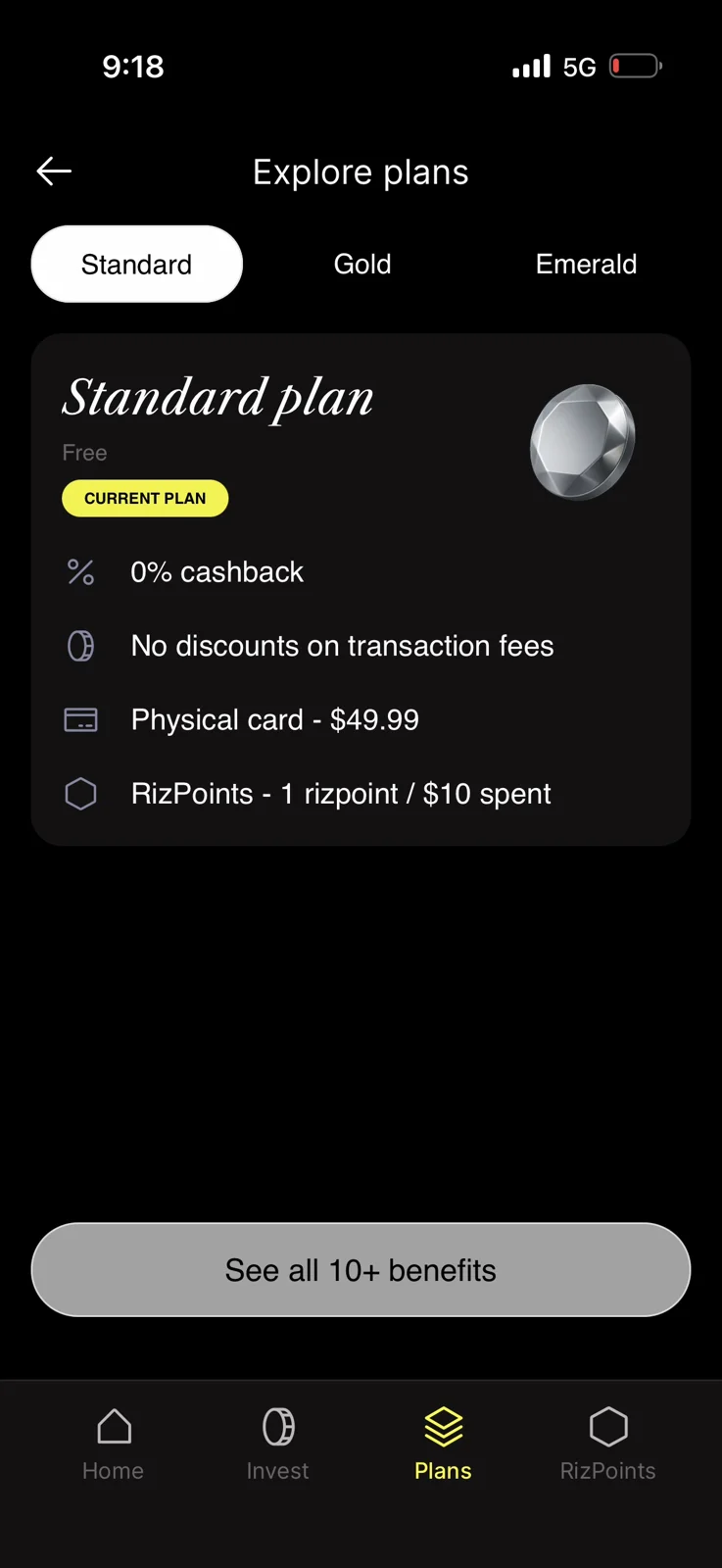 Rizon Standard plan screen showing free plan with 0% cashback, no fee discounts, $49.99 physical card, and 1 RizPoint per $10 spent
