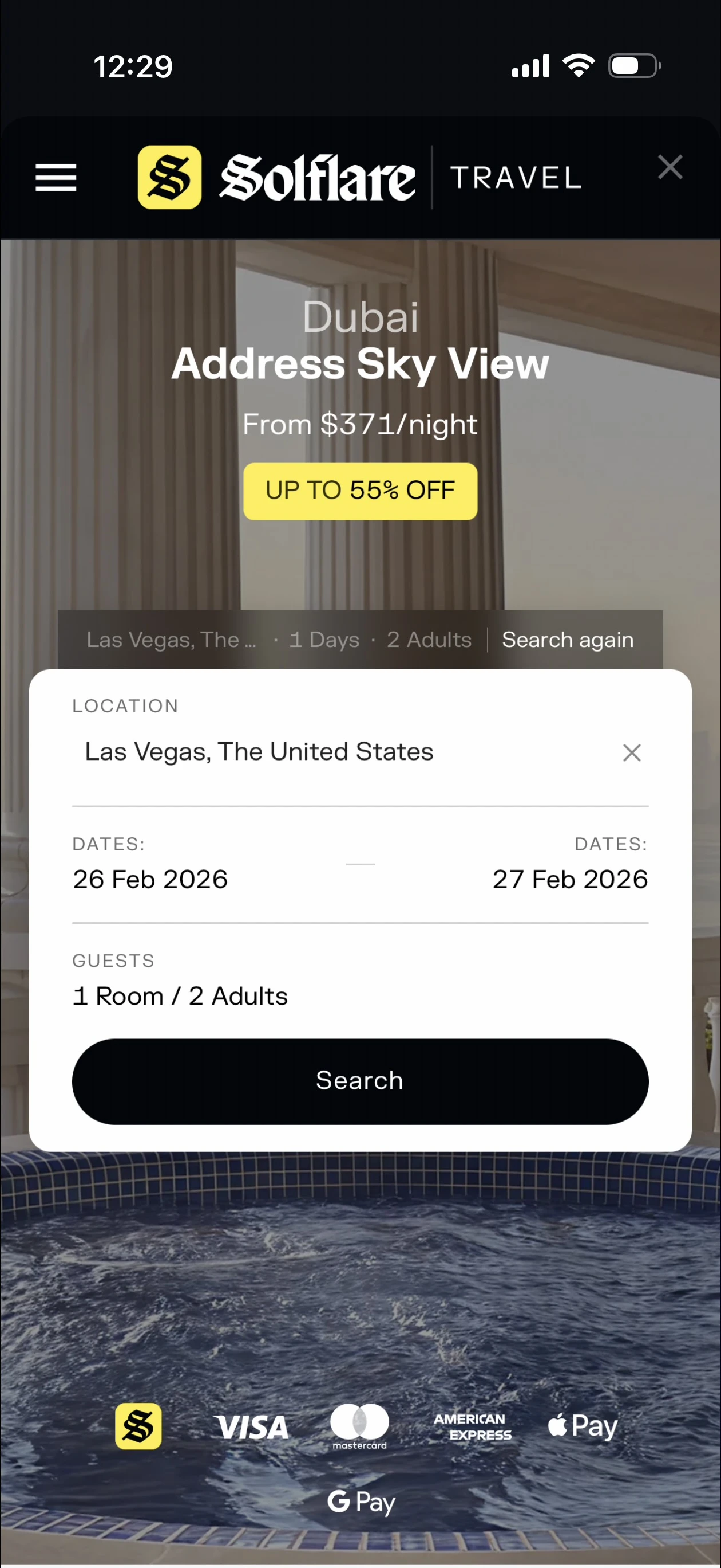 Solflare Travel in-app hotel booking showing Dubai Address Sky View at $371/night with up to 55% off, powered by Entravel with Visa, Mastercard, Amex, Apple Pay, and Google Pay accepted