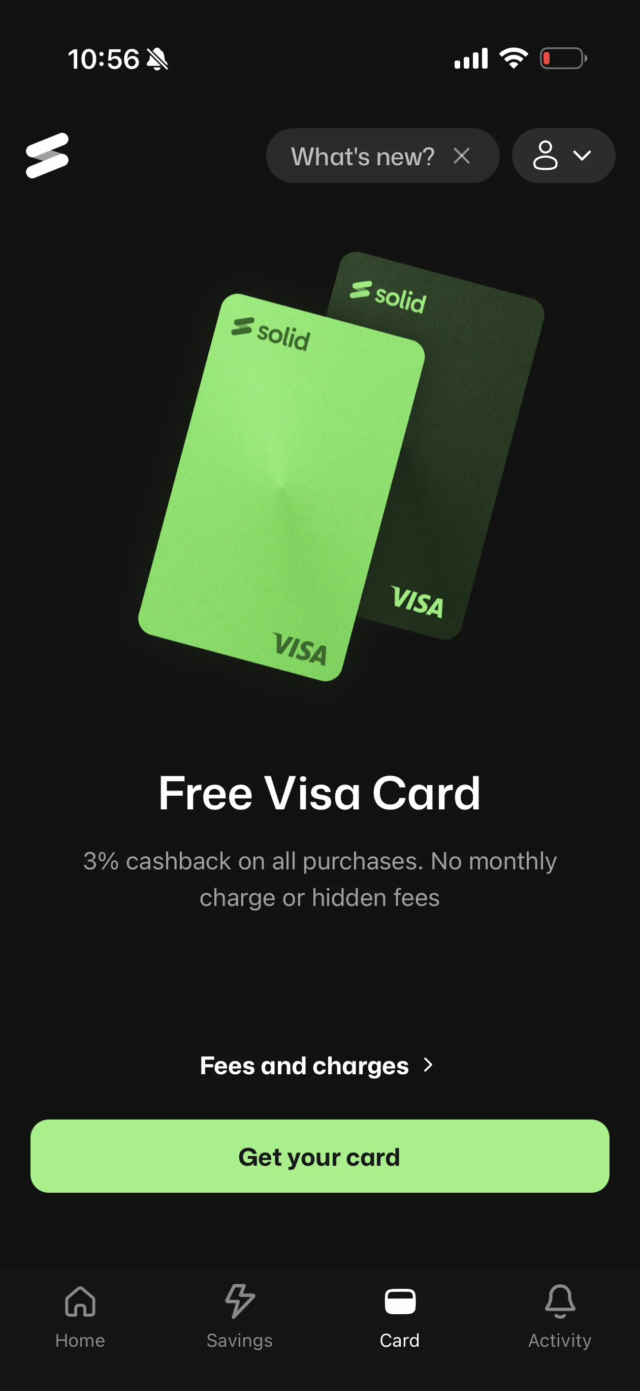 Solid app Card tab showing two green Solid Visa cards and the headline Free Visa Card, 3% cashback on all purchases, no monthly charge or hidden fees, with a Get your card button