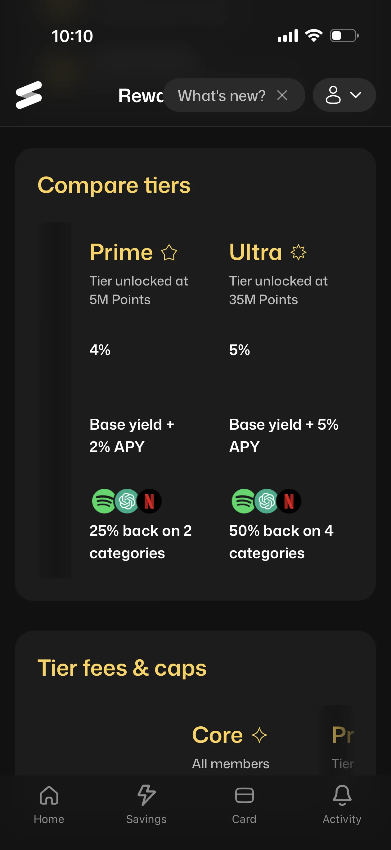 Solid app Compare tiers screen showing Prime unlocked at 5M points with 4% cashback and Ultra at 35M points with 5% cashback, plus base yield boosts of 2% and 5% APY and subscription cashback of 25% on 2 categories and 50% on 4 categories with Spotify, ChatGPT and Netflix icons