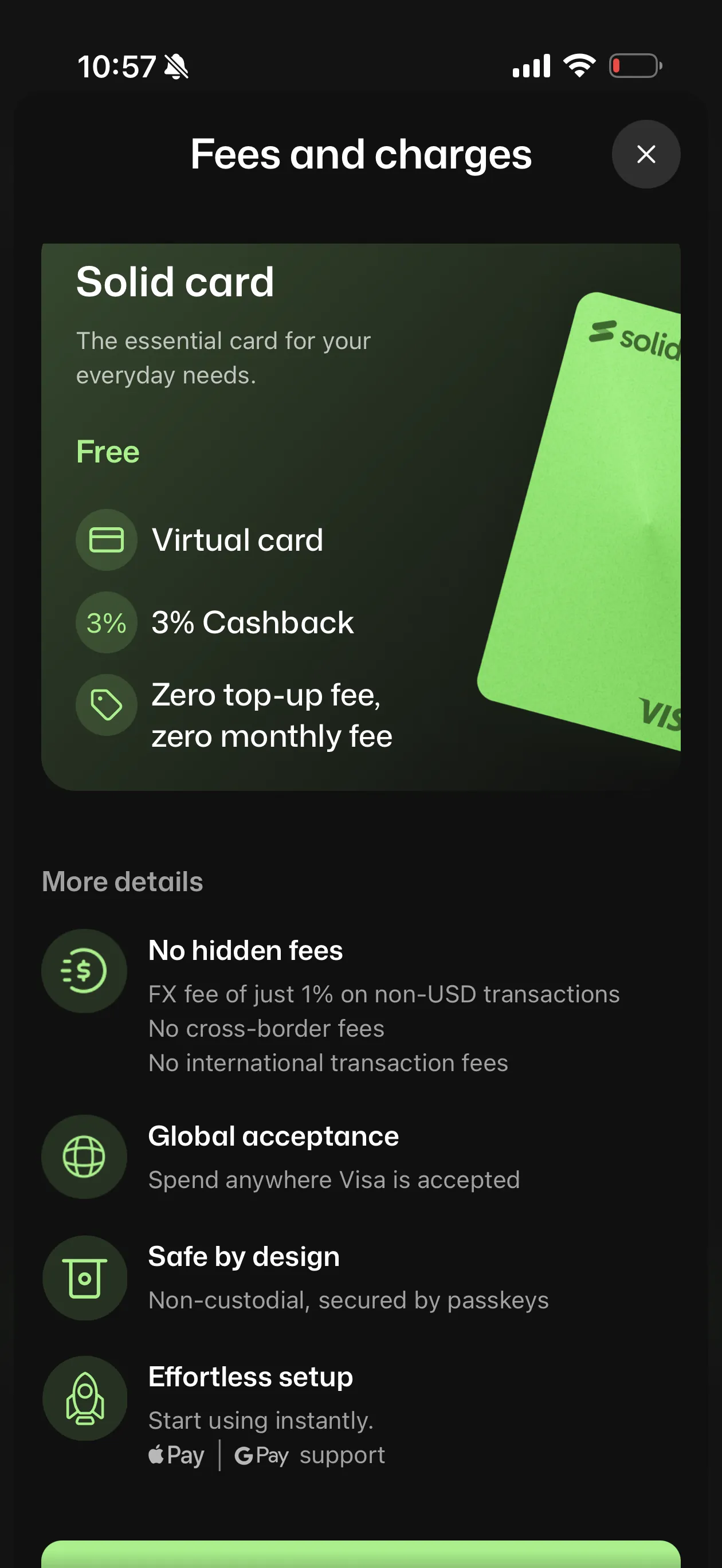 Solid app Fees and charges sheet for the Solid card: Free, Virtual card, 3% Cashback, Zero top-up fee, zero monthly fee, then More details listing FX fee of just 1% on non-USD transactions, no cross-border fees, global Visa acceptance, non-custodial secured by passkeys, and Apple Pay and Google Pay support