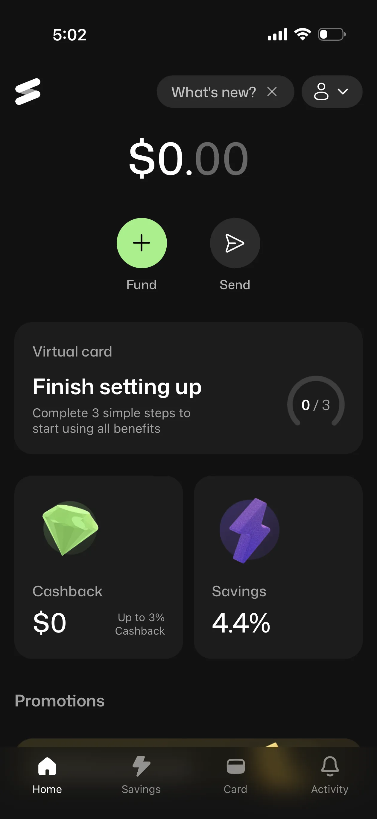 Solid app home screen showing a $0.00 balance, Fund and Send buttons, a Virtual card setup module with 3 steps, a Cashback tile showing $0 and Up to 3% Cashback, and a Savings tile showing 4.4%