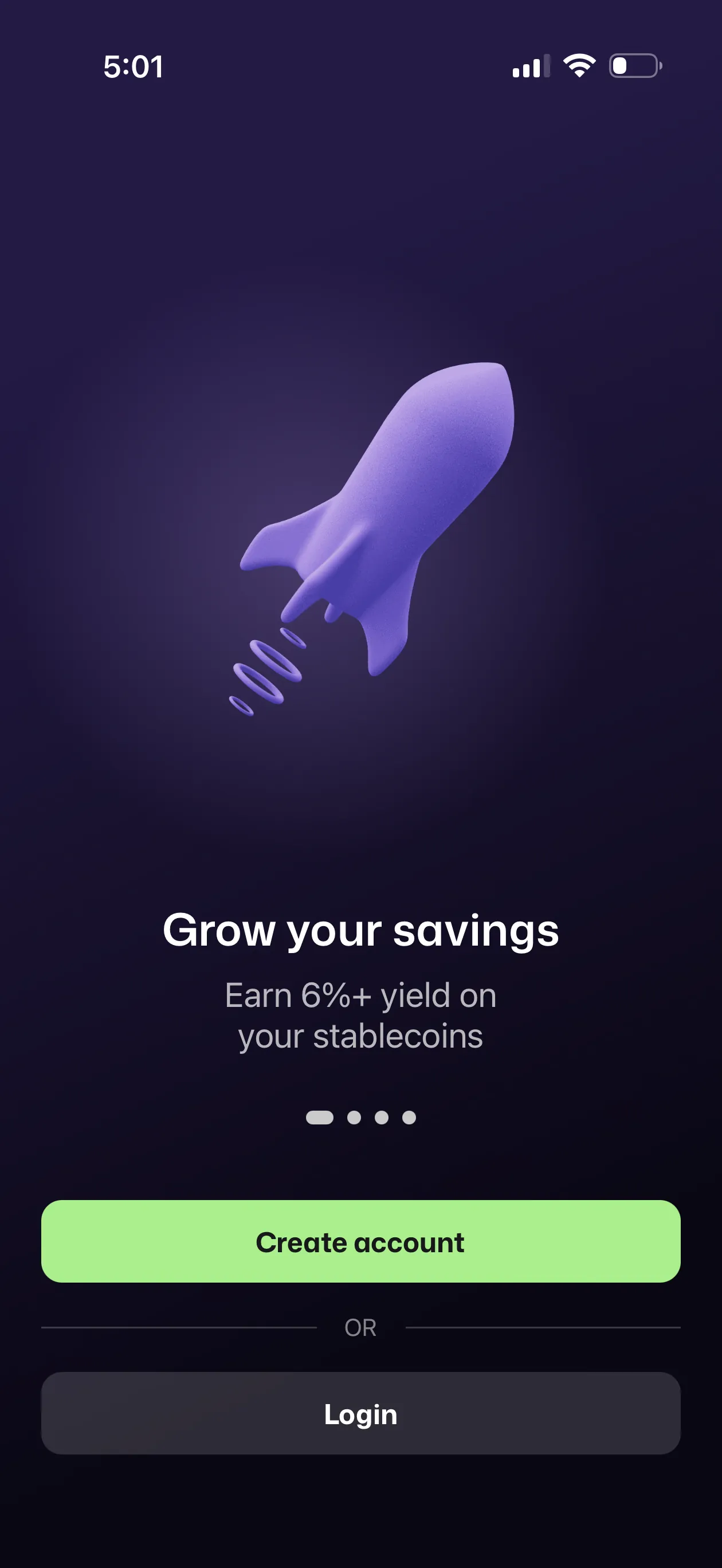 Solid onboarding screen with a purple rocket illustration, headline Grow your savings, subtitle Earn 6%+ yield on your stablecoins, and Create account and Login buttons