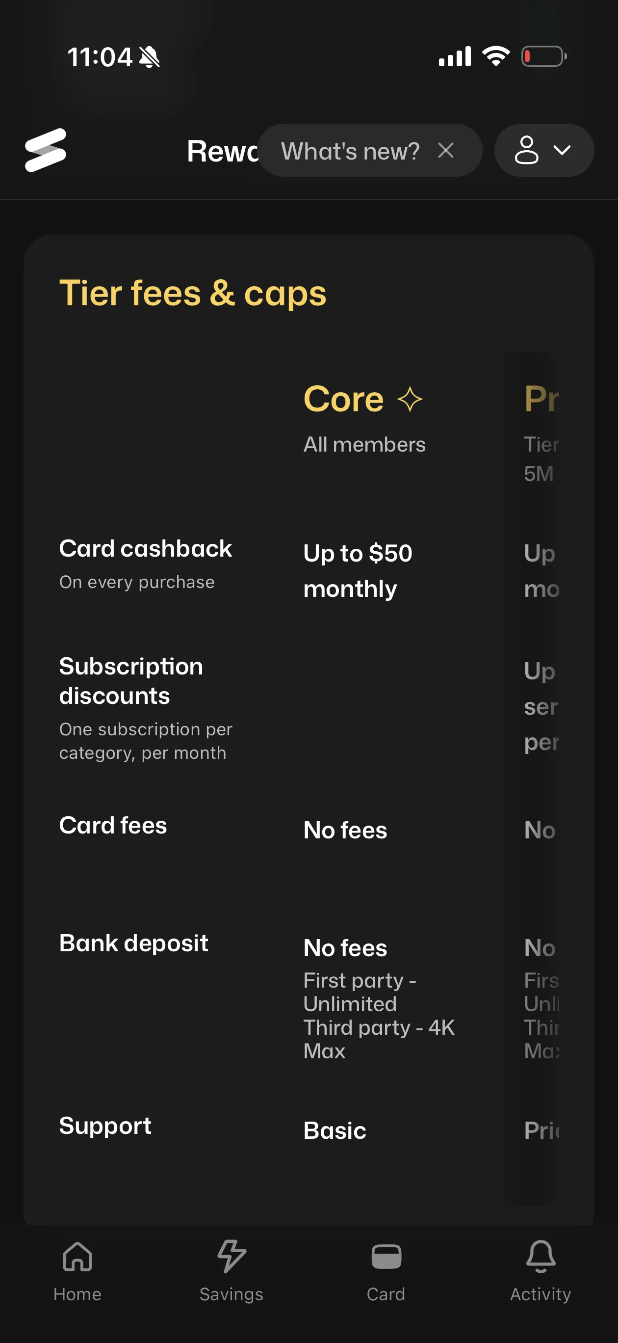 Solid app Tier fees and caps table for Core: card cashback up to $50 monthly, no card fees, bank deposits with no fees (first party unlimited, third party $4K max), basic support