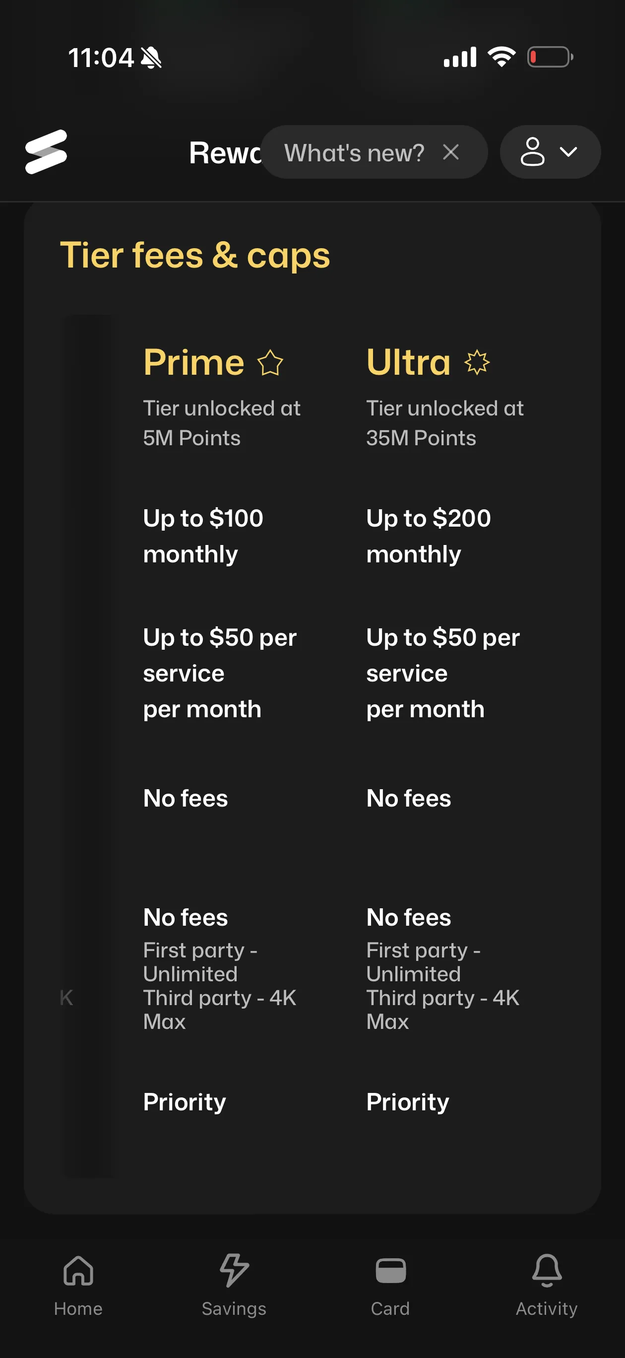 Solid app Tier fees and caps table for Prime and Ultra: up to $100 and $200 monthly cashback, up to $50 per service per month subscription cashback, no card fees, no bank deposit fees, priority support