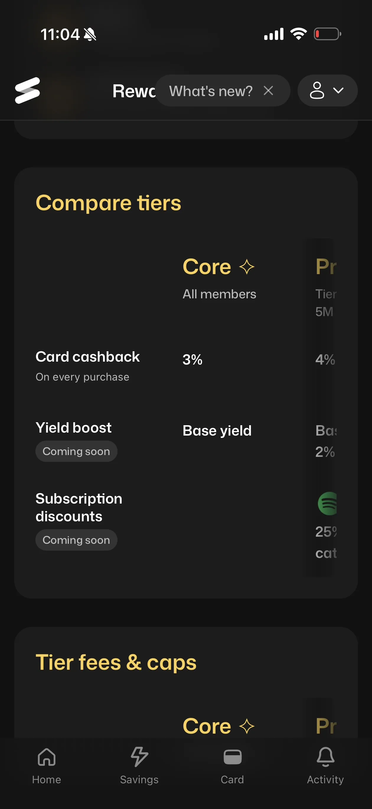 Solid app Compare tiers table showing Card cashback 3% for Core, with Yield boost and Subscription discounts rows both labeled Coming soon