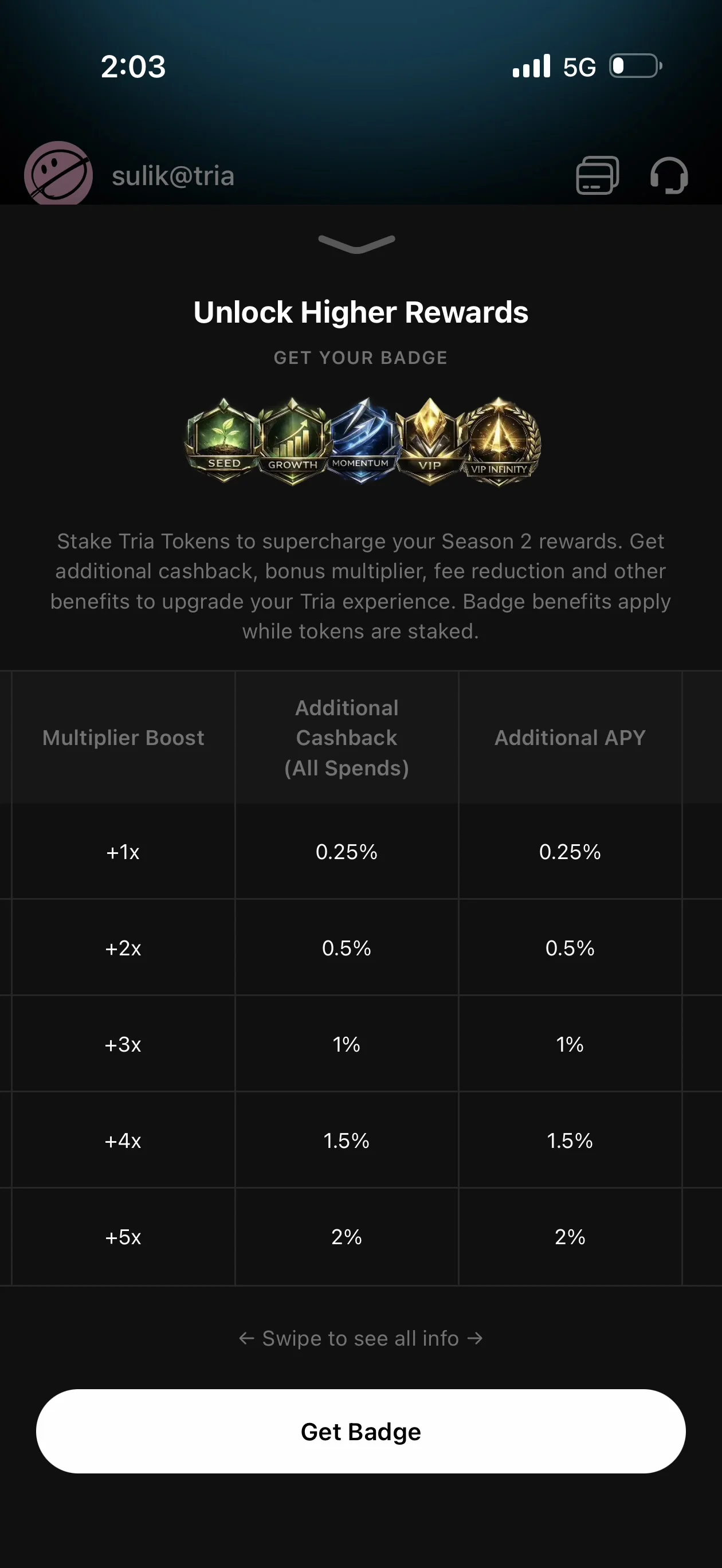 Tria badge benefits showing additional cashback, multiplier boost, and additional APY per tier
