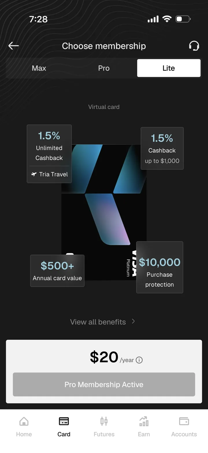 Tria Lite membership showing virtual card, 1.5% cashback up to $1,000, 0.5% unlimited cashback, and $20 annual price