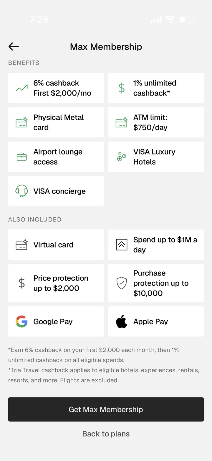 Tria Max membership benefits showing mobile wallets, lounge access, Visa Luxury Hotel Collection, concierge, purchase protection, price protection, and a $750 daily ATM limit