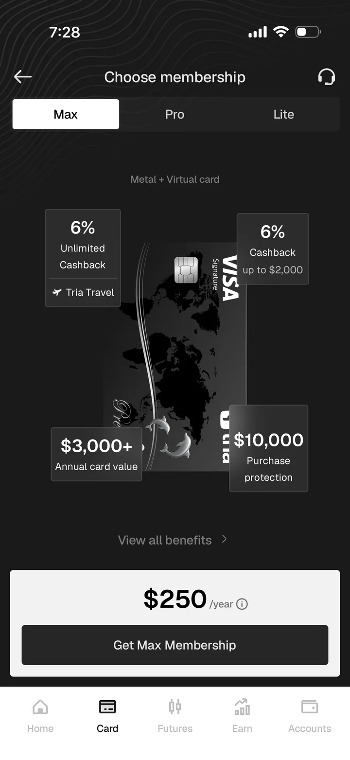 Tria Max membership showing a metal and virtual card, 6% cashback up to $2,000, 1% unlimited cashback, and a $250 annual price