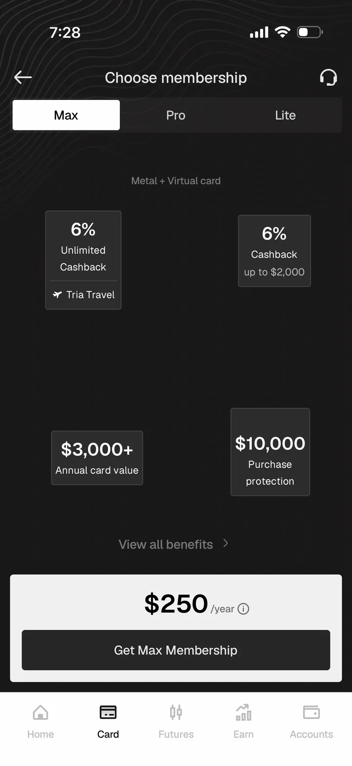 Tria app membership chooser showing Max at $250 per year with 6% unlimited Tria Travel cashback, 6% cashback up to $2,000, a metal and virtual card, and purchase protection