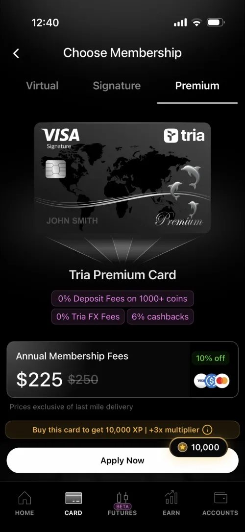 Tria Premium Card showing Visa Signature with 0% deposit fees, 0% FX, 6% cashback
