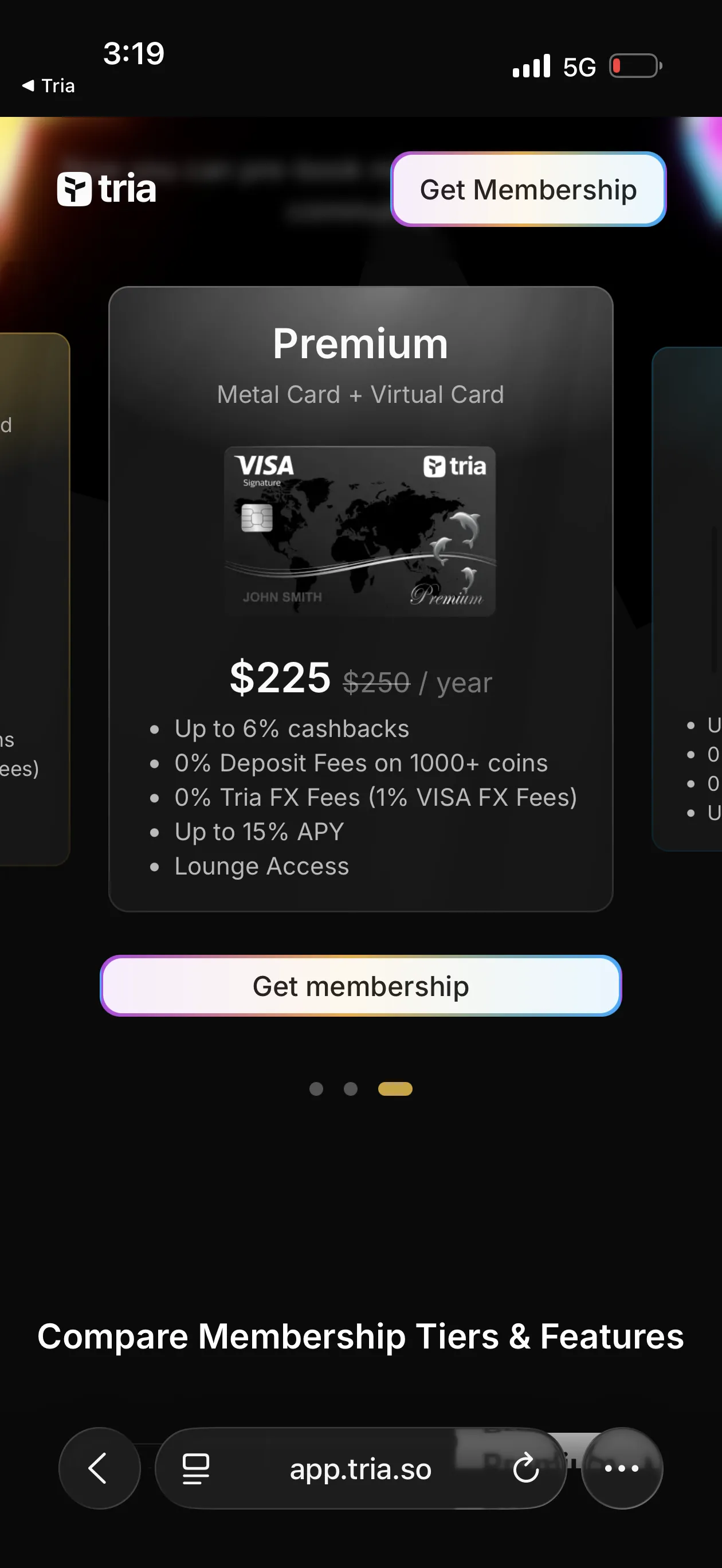 Tria Premium Card in-app view showing 6% cashback, Up to 15% APY, Lounge Access, and premium metal card design