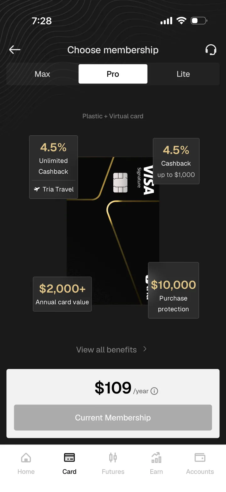 Tria Pro membership showing plastic and virtual cards, 4.5% cashback up to $1,000, 1% unlimited cashback, and $109 annual price