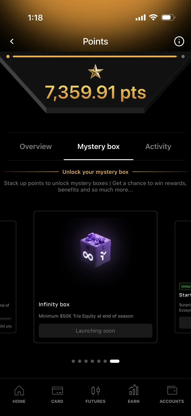 Tria Season 3 mystery boxes screen showing seven ascending reward boxes