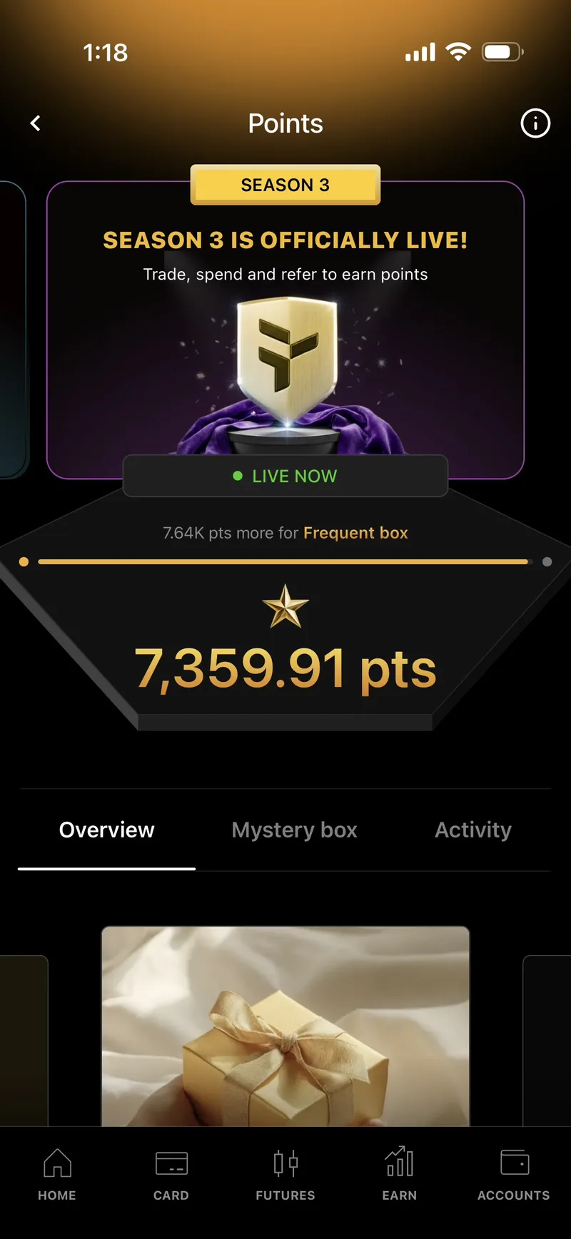 Tria app showing Season 3 points are live, with points accruing on card spend