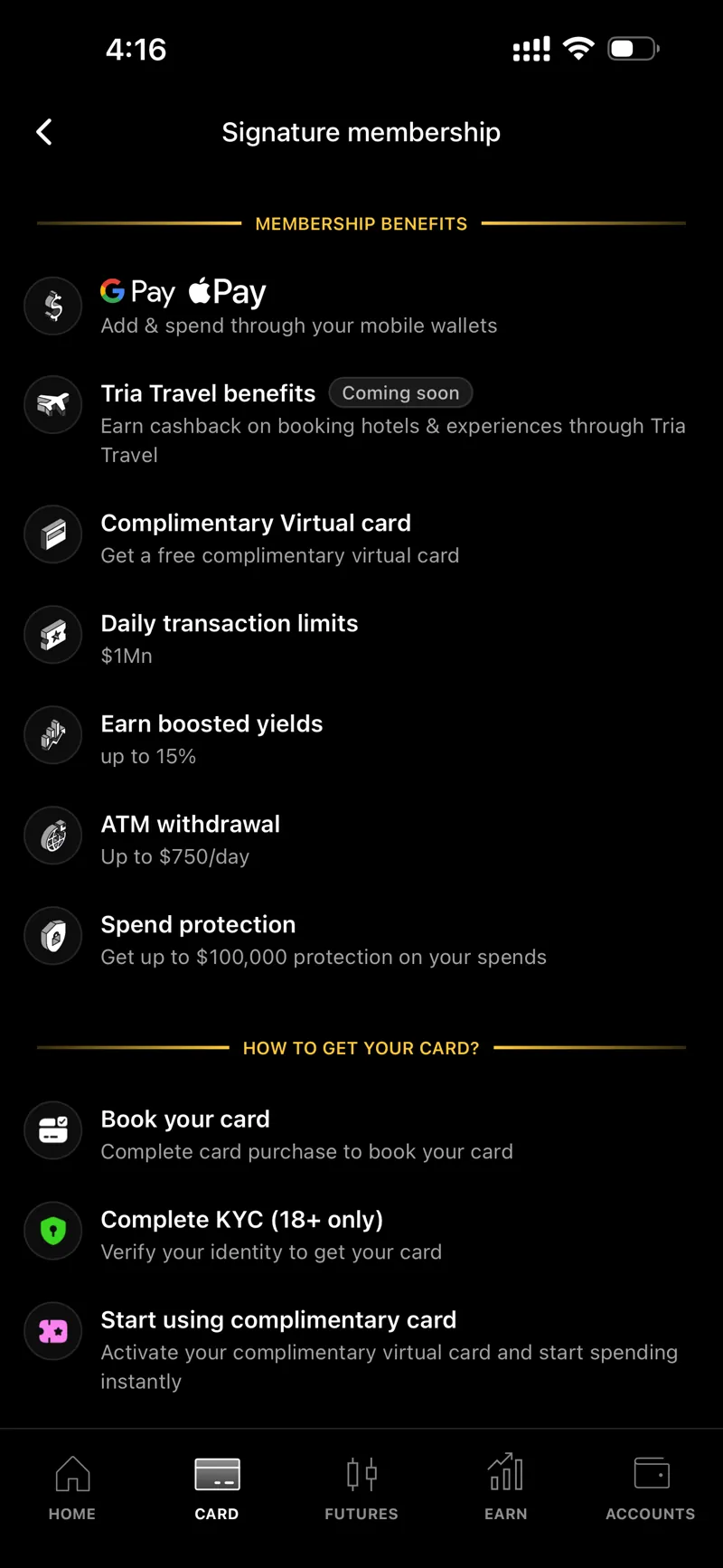 Tria Signature membership benefits: Apple Pay and Google Pay, Tria Travel coming soon, complimentary virtual card, $1M daily transaction limit, boosted yields up to 15%, ATM up to $750/day, spend protection up to $100,000