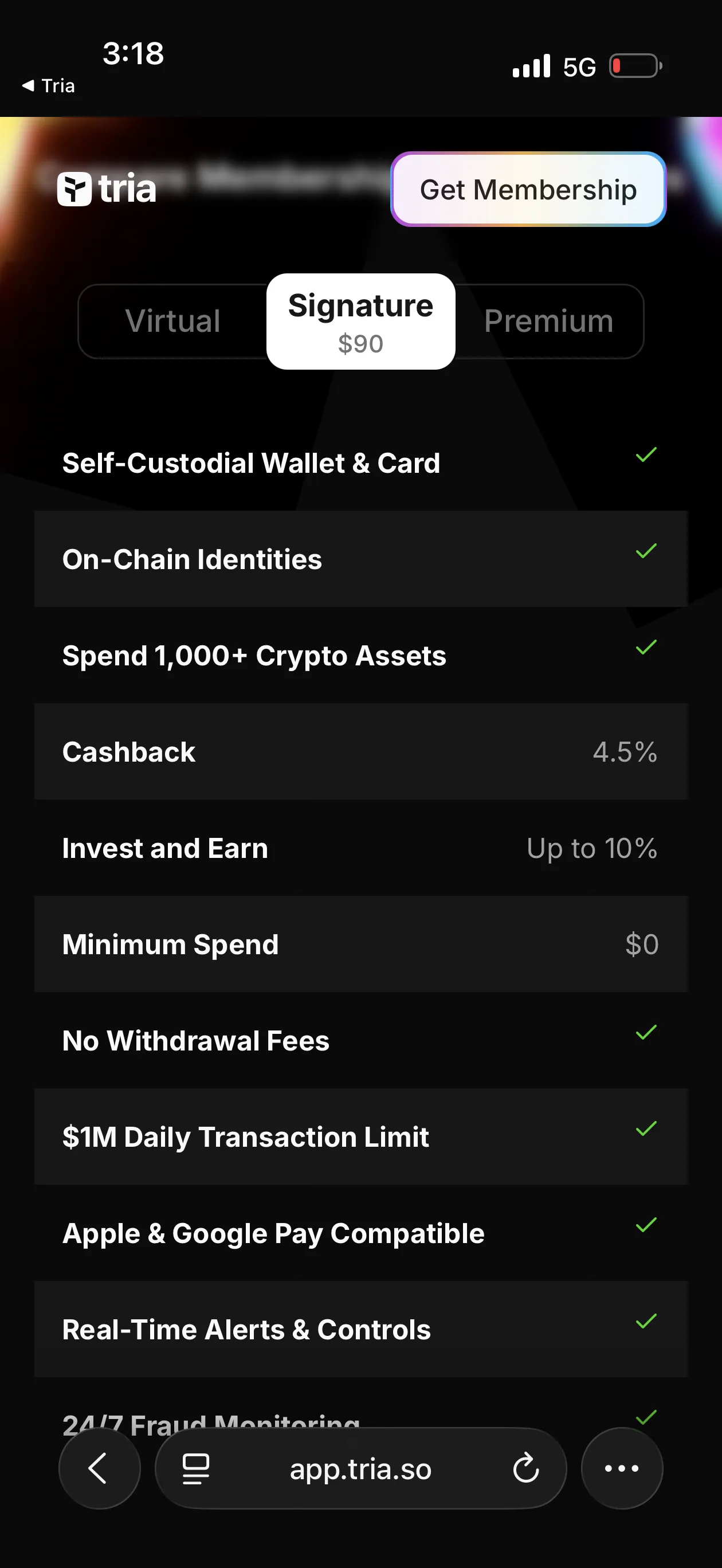 Tria Signature Card features screen showing Cashback 4.5%, Invest and Earn Up to 10%, Points Multiplier, Daily Transaction Limit, and Lounge Access