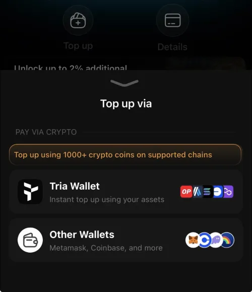 Tria top-up options showing 1000+ crypto coins via Tria Wallet or external wallets like MetaMask and Coinbase