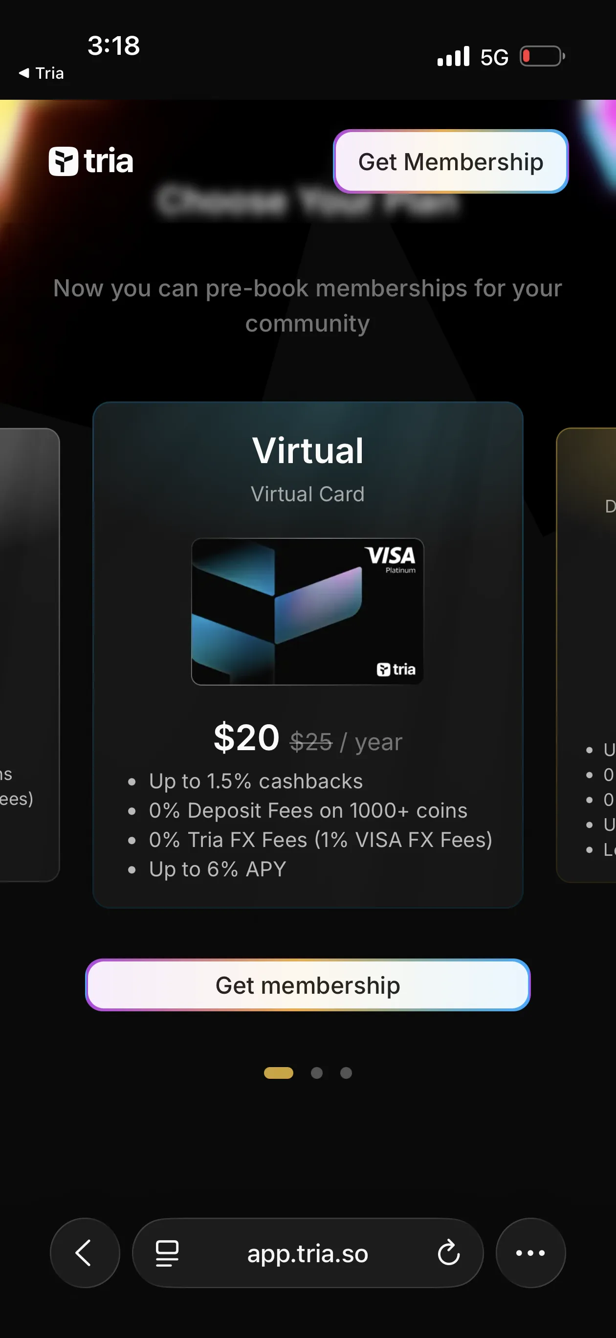 Tria Virtual Card in-app view showing $20/year annual fee, 1.5% cashback, Up to 6% APY, and virtual card design