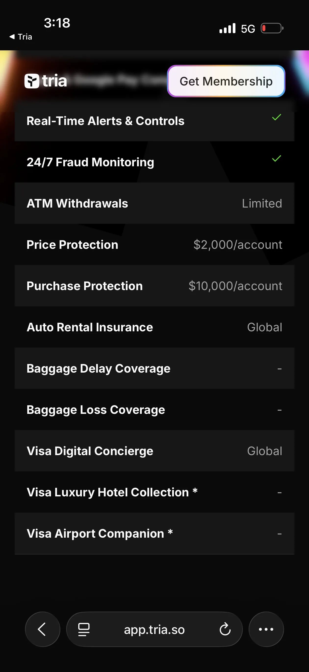 Tria Virtual Card perks screen showing Auto Rental Insurance (Global), Visa Digital Concierge (Global), and no baggage or hotel coverage at Virtual tier