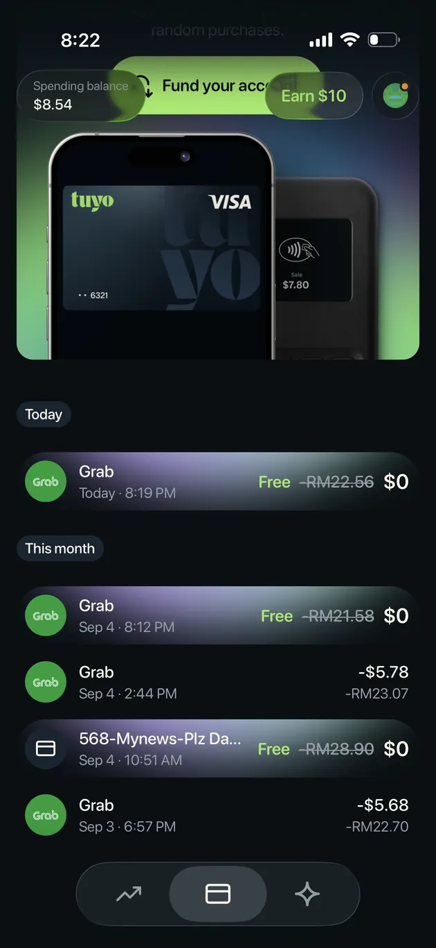 Tuyo transaction history showing three of five recent card purchases marked Free and settled at zero dollars under Buy Now, Pay Maybe
