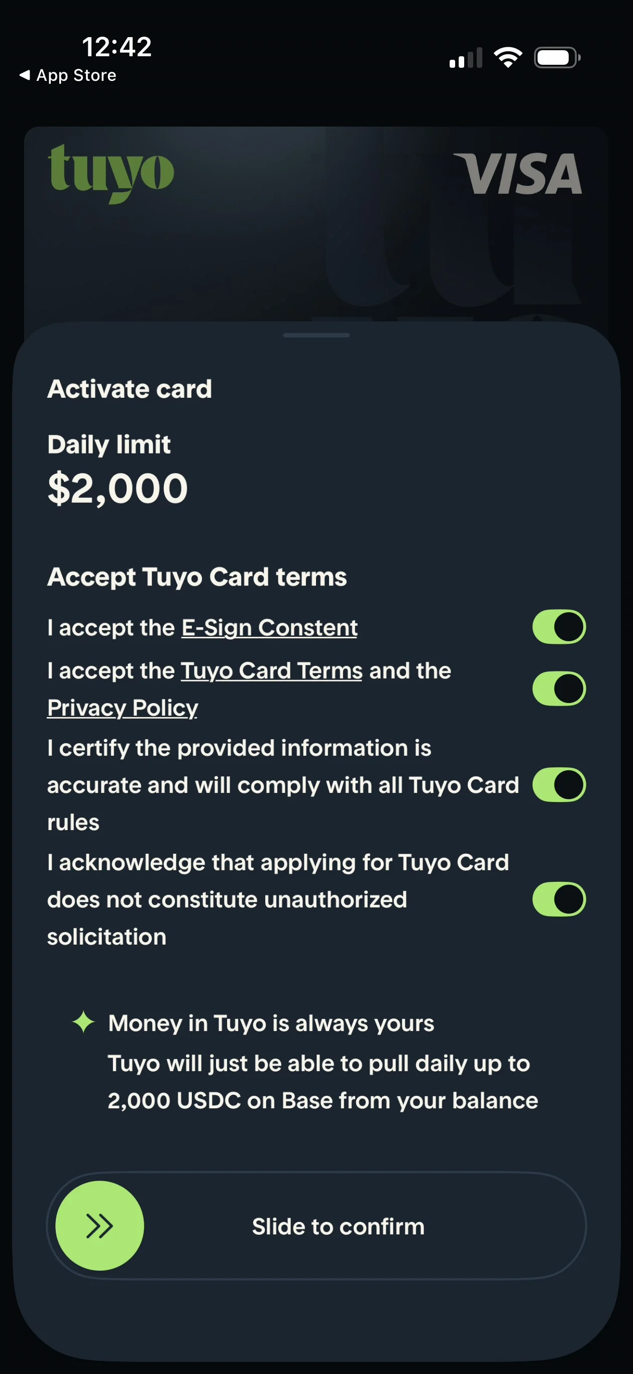 Tuyo Card activation screen with a $2,000 daily limit, terms acceptance toggles, and a callout reading 'Money in Tuyo is always yours - Tuyo will just be able to pull daily up to 2,000 USDC on Base from your balance'