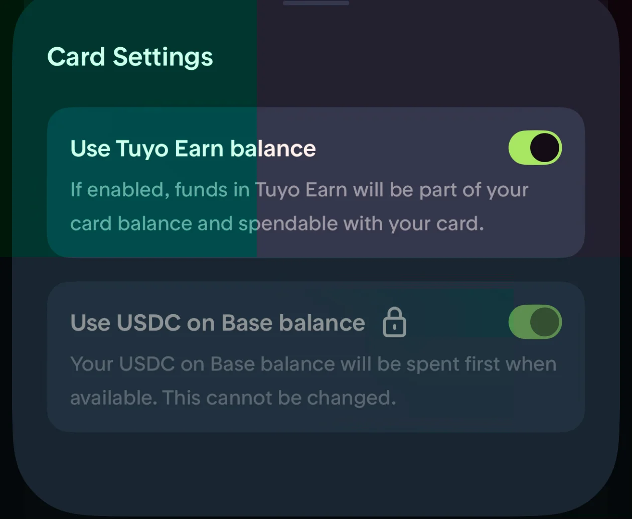 Tuyo Card Settings screen with two toggles: Use Tuyo Earn balance (if enabled, Tuyo Earn funds become part of card balance and spendable with your card) and Use USDC on Base balance (USDC on Base spent first when available; cannot be disabled)