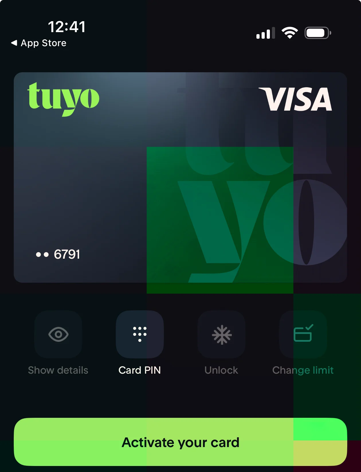 Tuyo Card screen showing four security controls below the card art: Show details, Card PIN, Unlock (freeze/unfreeze), and Change limit, with an Activate your card CTA at the bottom